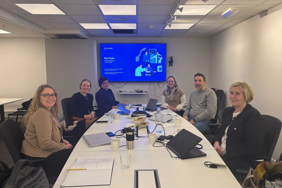 En gruppe mennesker som sitter rundt et bord med en projektorskjerm