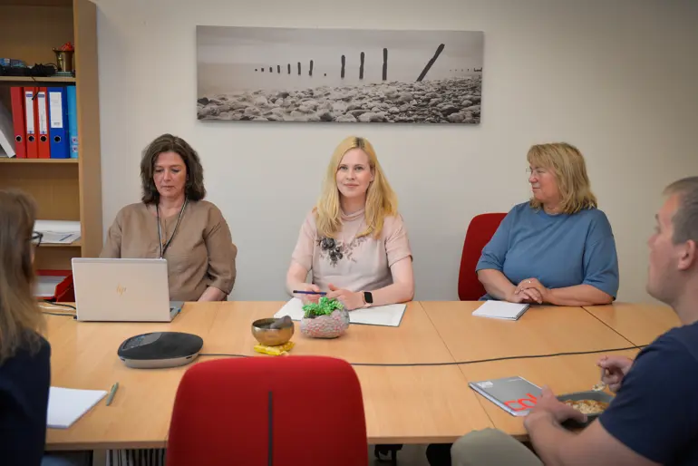 Inne på et møterom sitter fem voksne personer og snakker sammen i forbindelse med et møte