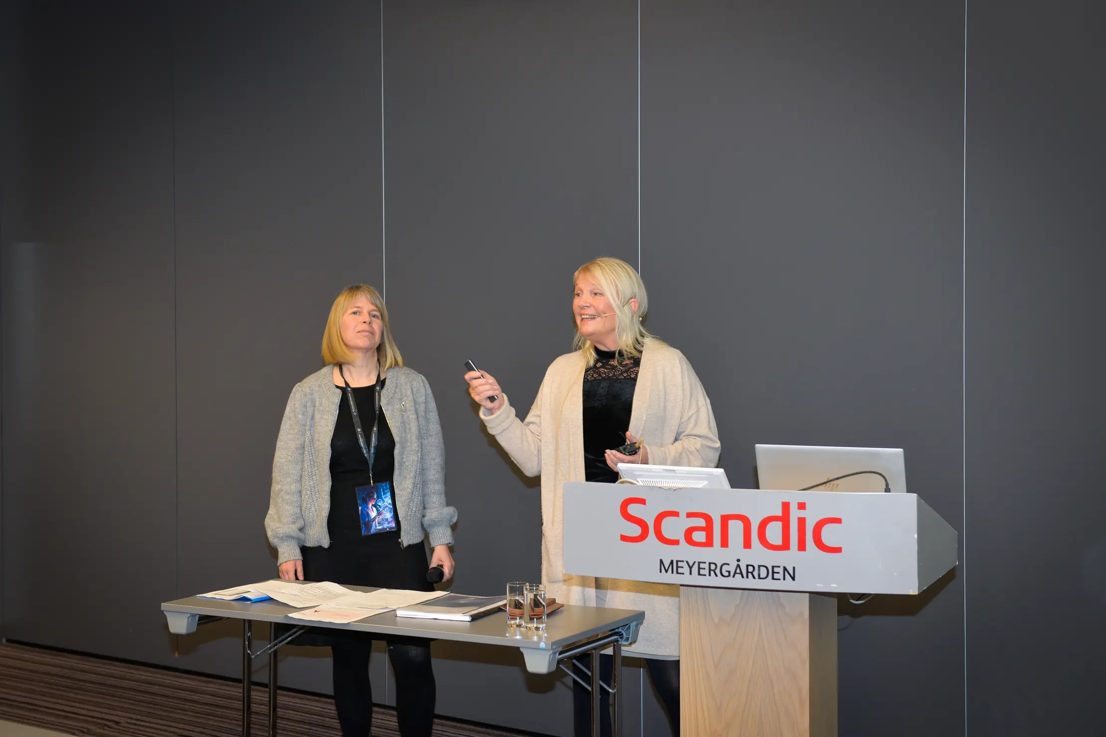 To kvinner holder et foredrag