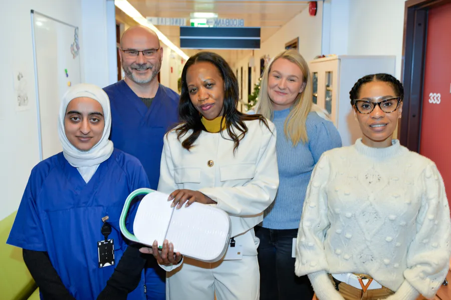 Fem personer står oppstilt mot kamera